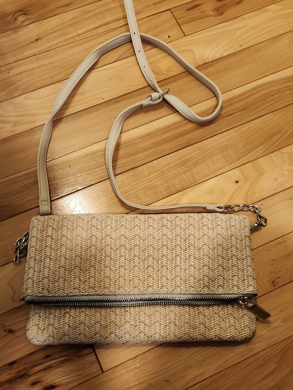 Deux Lux Beige W/silver Accents Woven Fold-Over Crossbody